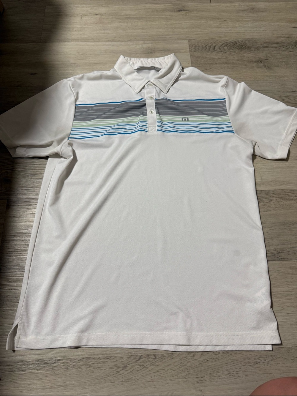 Travis Mathew Golf Polo White Blue Green Blue Stripes Men’s Size L Breathable
